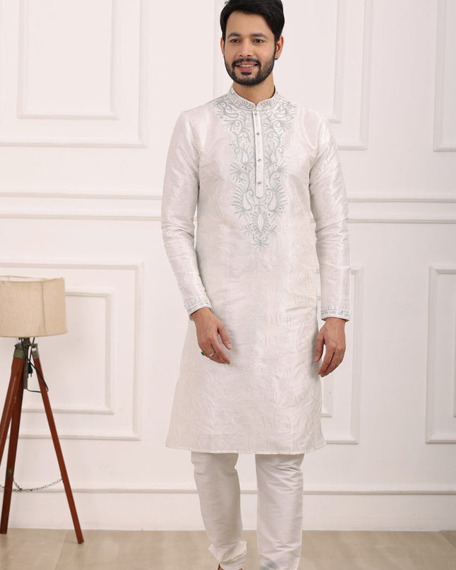 Off White Banarasi Silk Thread Work Kurta Set