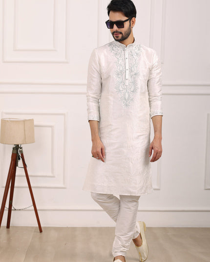 Off White Banarasi Silk Thread Work Kurta Set