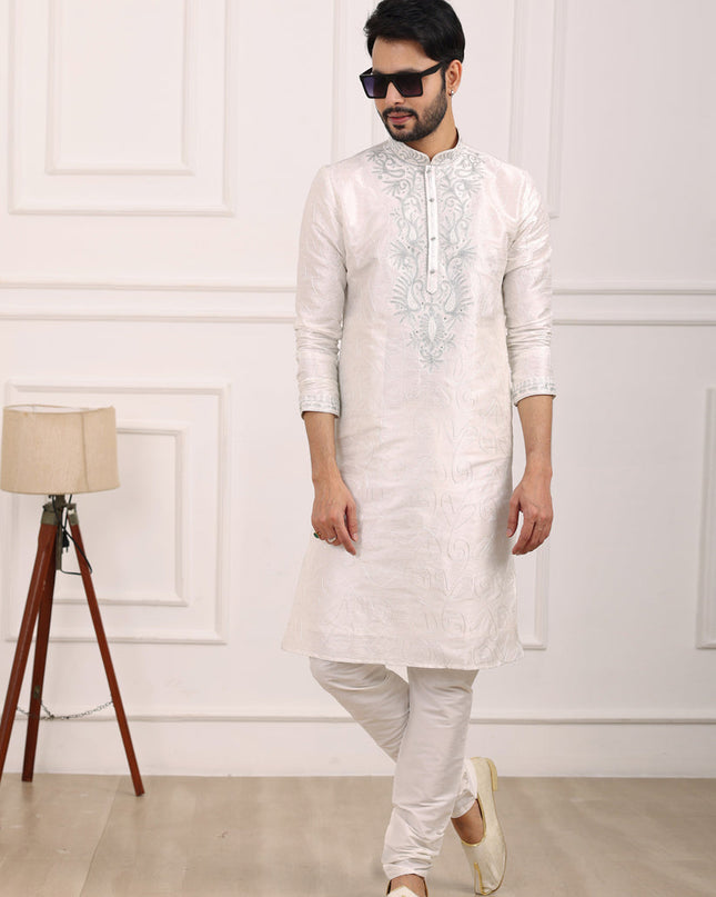 Off White Banarasi Silk Thread Work Kurta Set