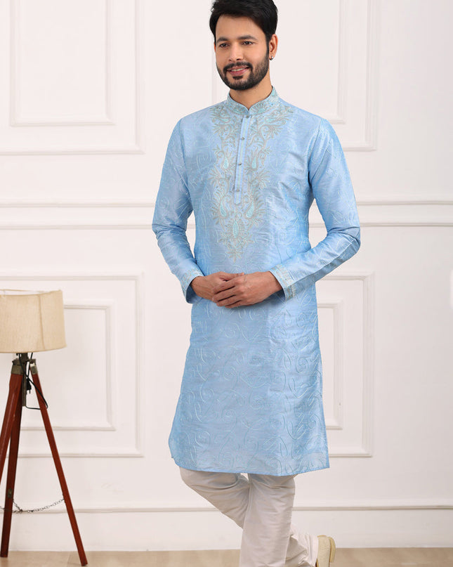 Sky Blue Banarasi Silk Thread Work Kurta Set