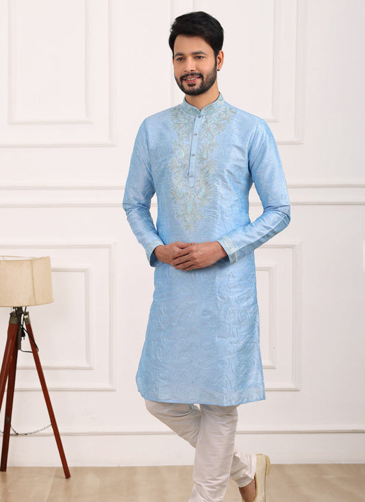 Sky Blue Banarasi Silk Thread Work Kurta Set