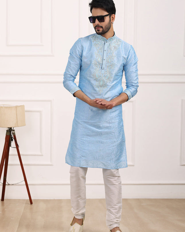 Sky Blue Banarasi Silk Thread Work Kurta Set