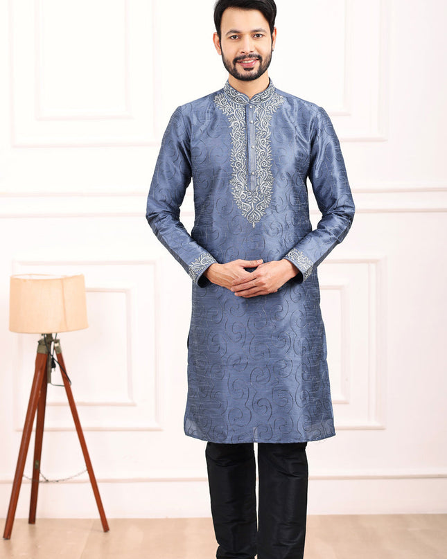 Stone Blue Banarasi Silk Thread Work Kurta Set