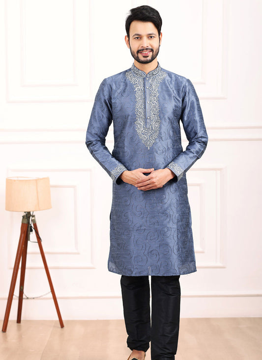 Stone Blue Banarasi Silk Thread Work Kurta Set