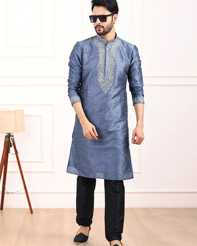 Stone Blue Banarasi Silk Thread Work Kurta Set