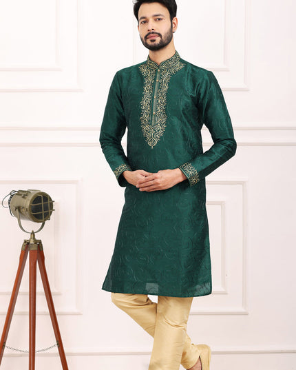 Bottle Green Banarasi Silk Thread Work Kurta Set