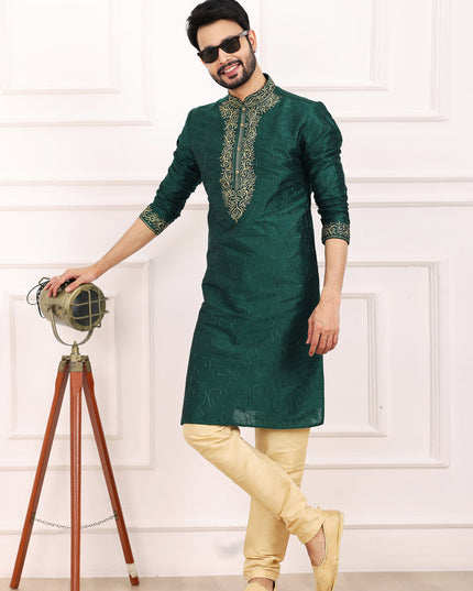 Bottle Green Banarasi Silk Thread Work Kurta Set