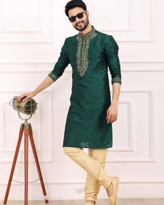 Bottle Green Banarasi Silk Thread Work Kurta Set