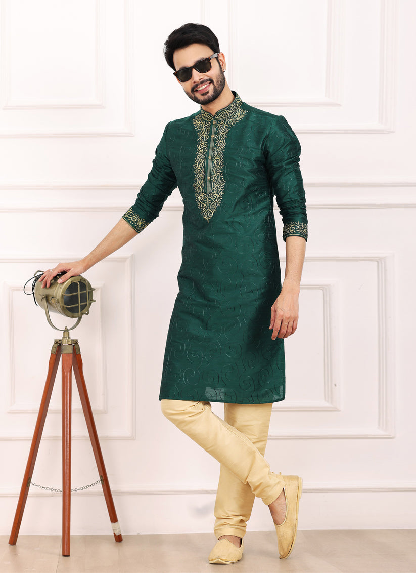 Bottle Green Banarasi Silk Thread Work Kurta Set