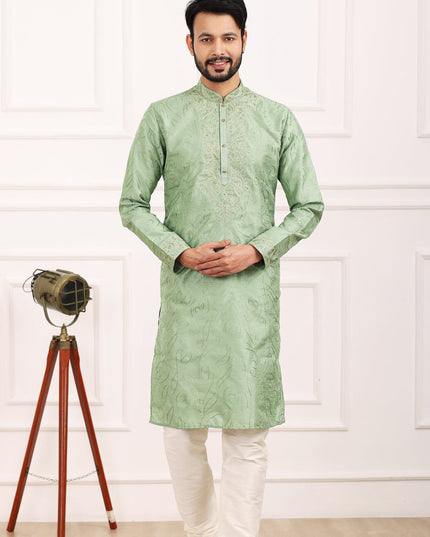 Pista Green Banarasi Silk Thread Work Kurta Set