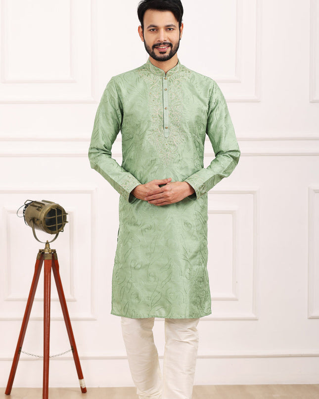 Pista Green Banarasi Silk Thread Work Kurta Set