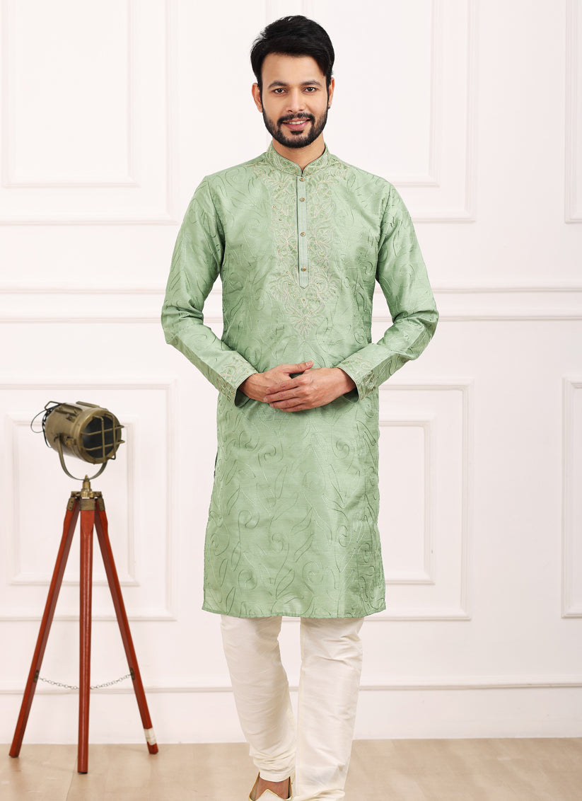 Pista Green Banarasi Silk Thread Work Kurta Set