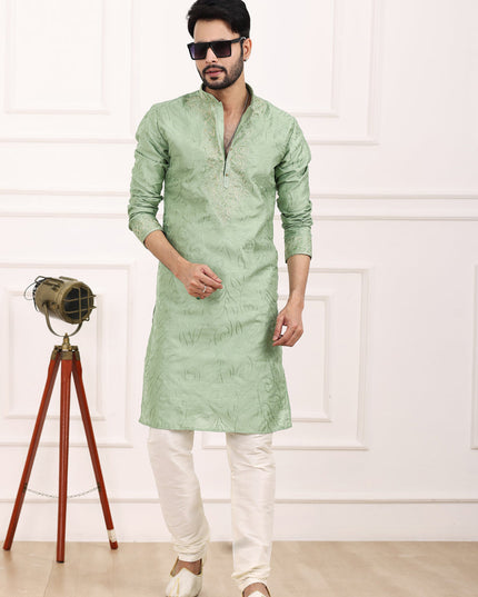Pista Green Banarasi Silk Thread Work Kurta Set
