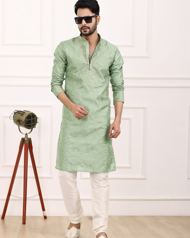 Pista Green Banarasi Silk Thread Work Kurta Set