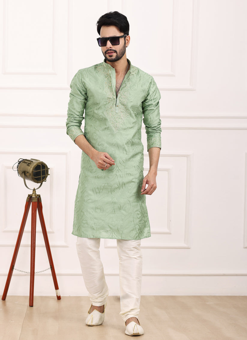 Pista Green Banarasi Silk Thread Work Kurta Set