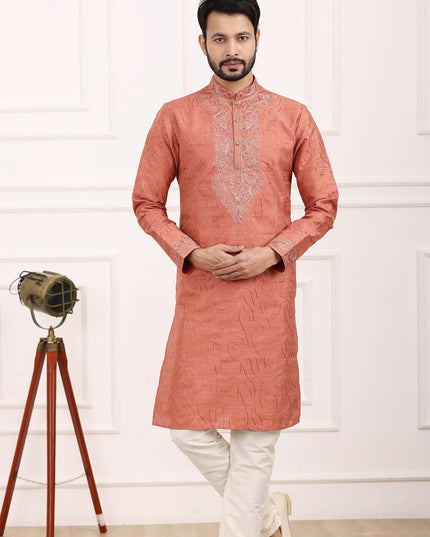 Carrot Red Banarasi Silk Thread Work Kurta Set