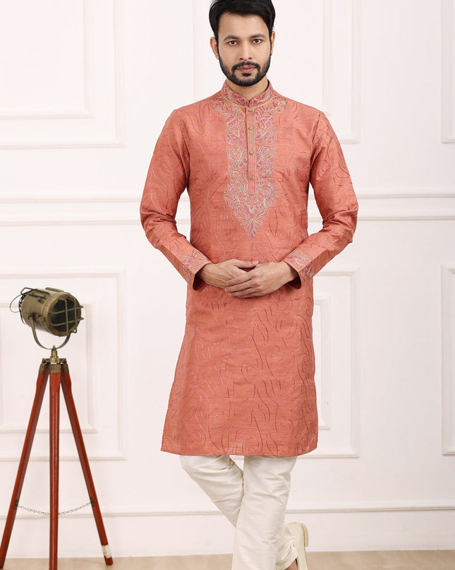 Carrot Red Banarasi Silk Thread Work Kurta Set