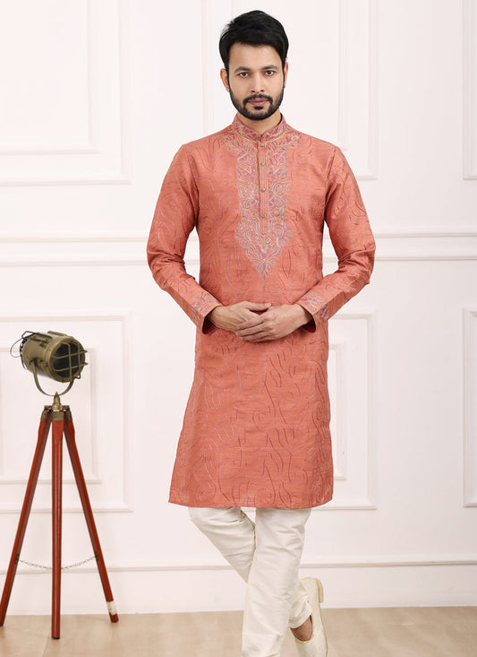 Carrot Red Banarasi Silk Thread Work Kurta Set