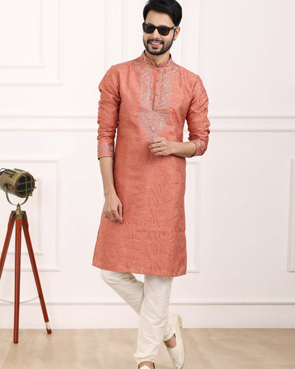 Carrot Red Banarasi Silk Thread Work Kurta Set