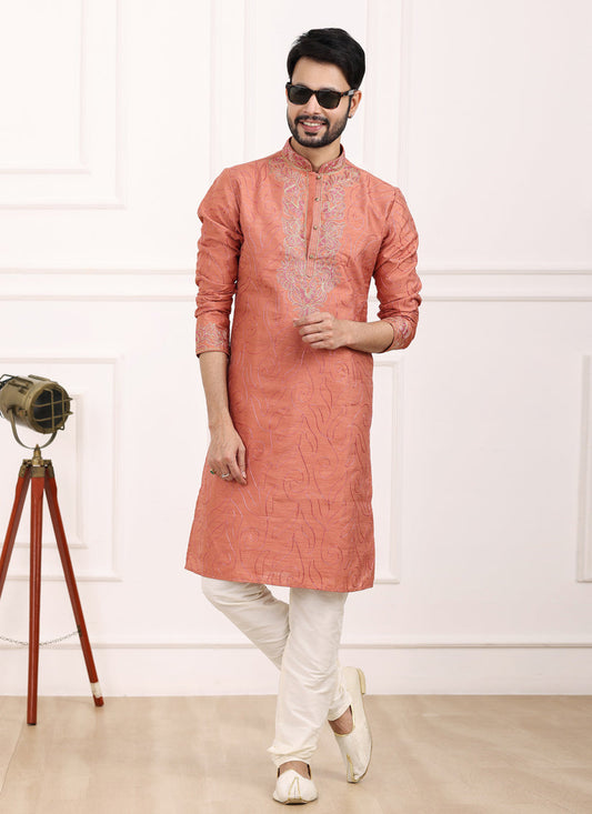 Carrot Red Banarasi Silk Thread Work Kurta Set