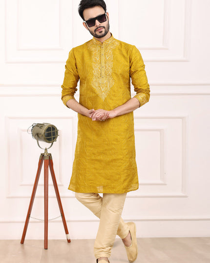 Mustard Yellow Banarasi Silk Thread Work Kurta Set