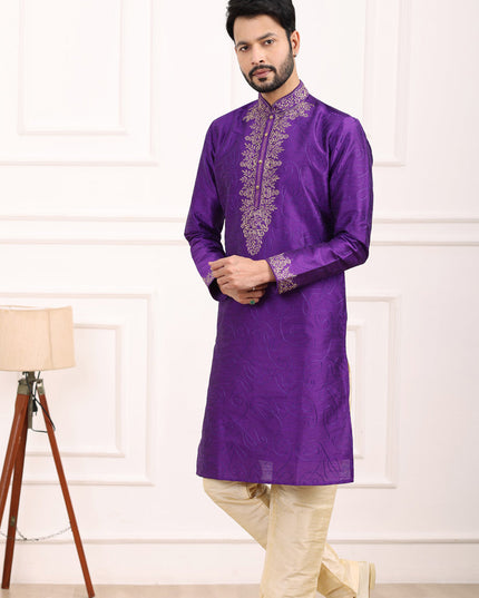 Purple Banarasi Silk Thread Work Kurta Set
