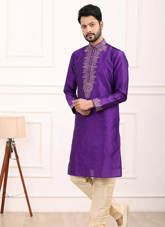 Purple Banarasi Silk Thread Work Kurta Set