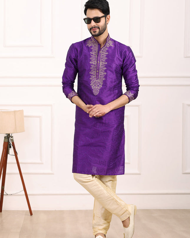 Purple Banarasi Silk Thread Work Kurta Set