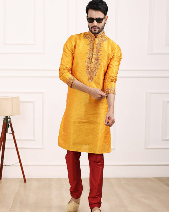 Golden Yellow Banarasi Silk Thread Work Kurta Set
