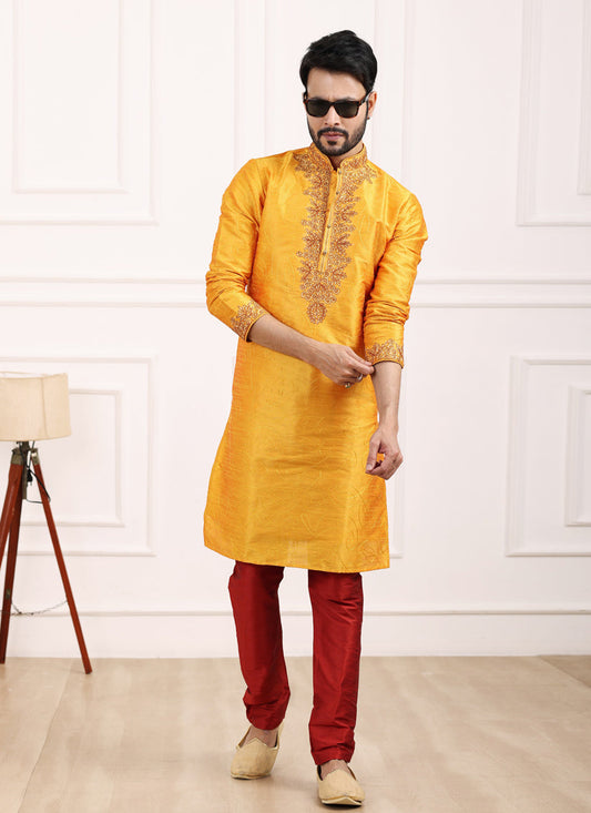 Golden Yellow Banarasi Silk Thread Work Kurta Set