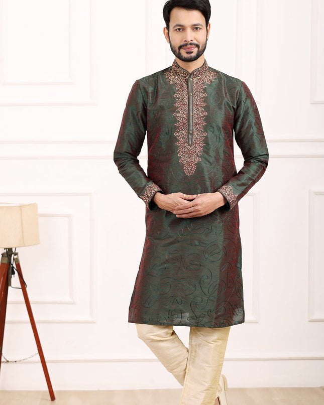 Bottle Green Banarasi Silk Thread Work Kurta Set