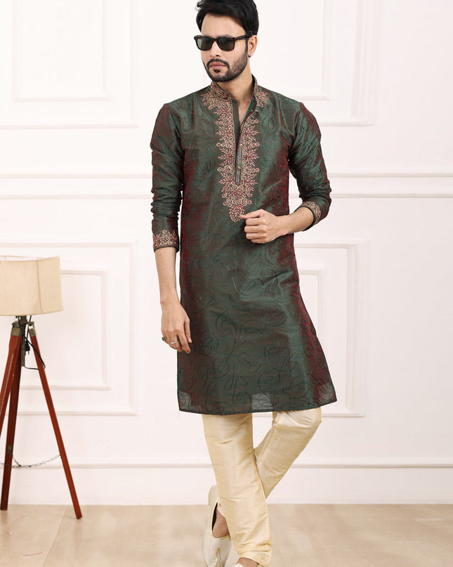 Bottle Green Banarasi Silk Thread Work Kurta Set