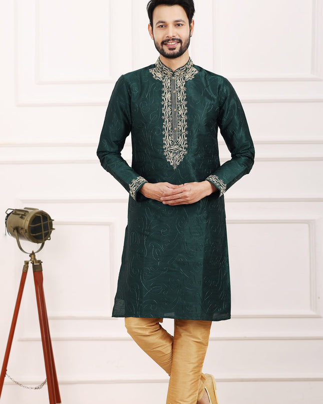 Bottle Green Banarasi Silk Thread Work Kurta Set