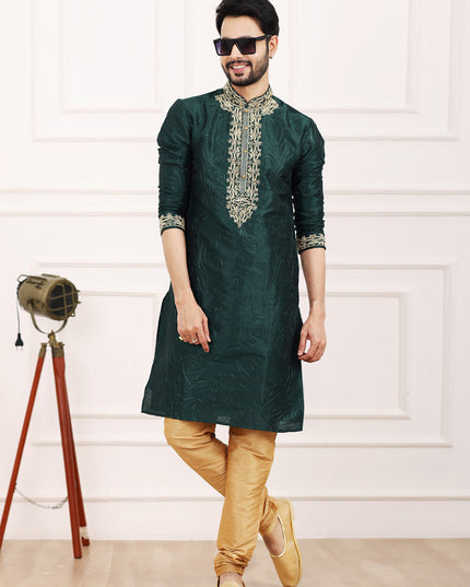 Bottle Green Banarasi Silk Thread Work Kurta Set