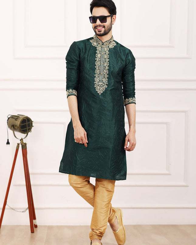 Bottle Green Banarasi Silk Thread Work Kurta Set