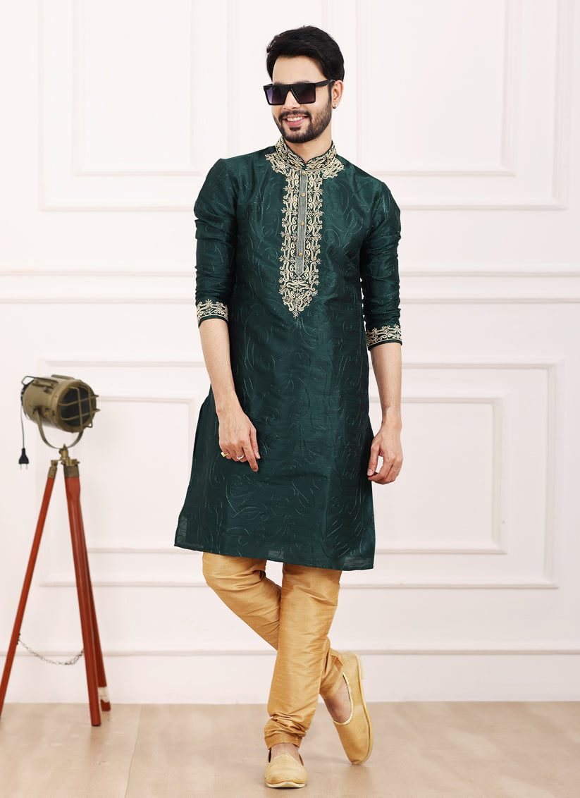 Bottle Green Banarasi Silk Thread Work Kurta Set