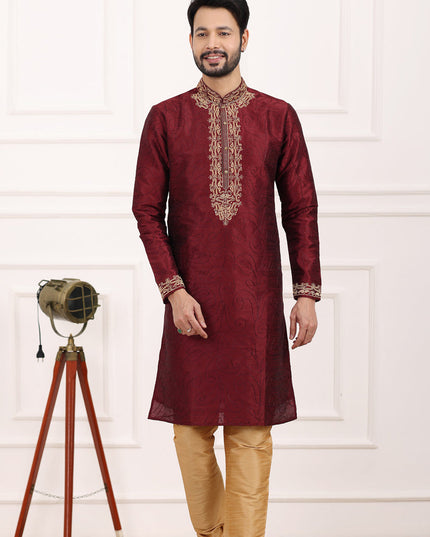 Wine Banarasi Silk Thread Work Kurta Set