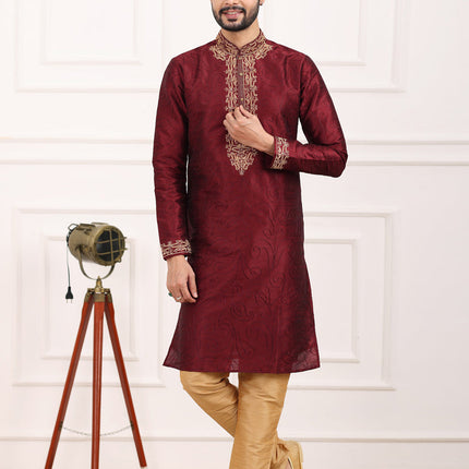 Wine Banarasi Silk Thread Work Kurta Set