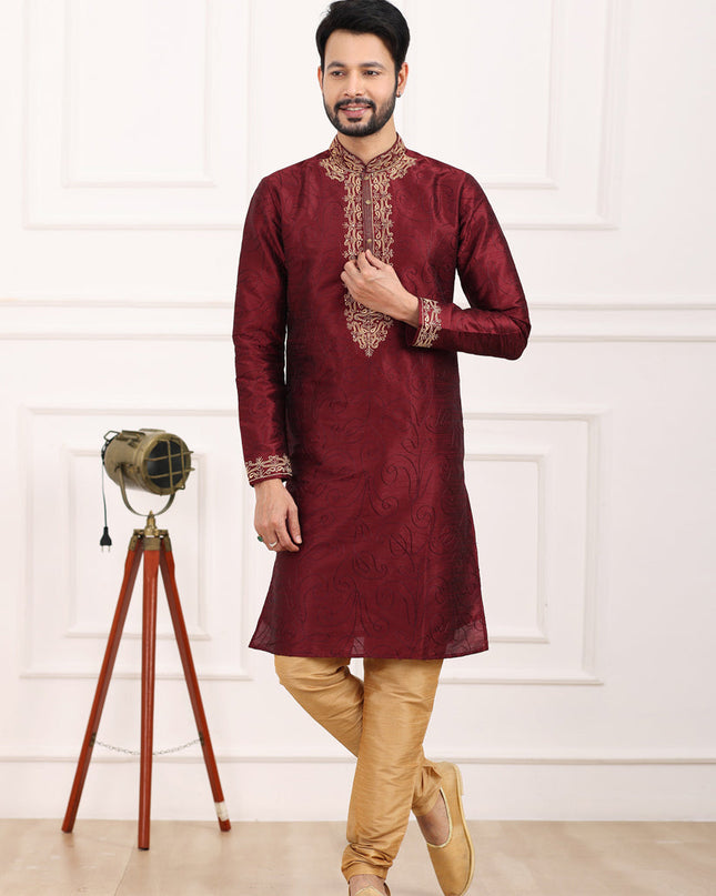 Wine Banarasi Silk Thread Work Kurta Set