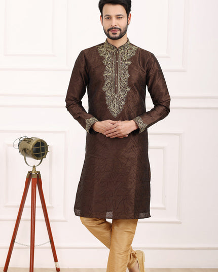 Brown Banarasi Silk Thread Work Kurta Set