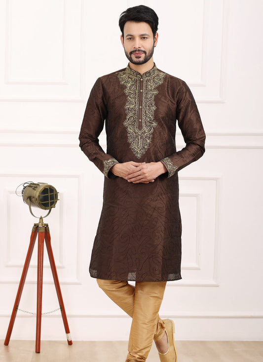 Brown Banarasi Silk Thread Work Kurta Set
