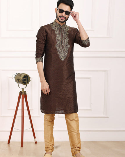 Brown Banarasi Silk Thread Work Kurta Set