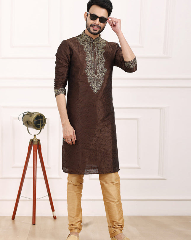 Brown Banarasi Silk Thread Work Kurta Set
