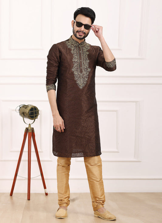 Brown Banarasi Silk Thread Work Kurta Set