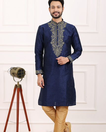 Navy Blue Banarasi Silk Thread Work Kurta Set