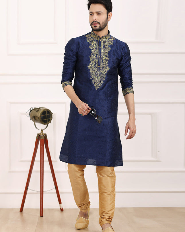 Navy Blue Banarasi Silk Thread Work Kurta Set