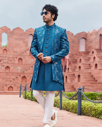 Teal Blue Computer Embroidered Indo Western Outfit