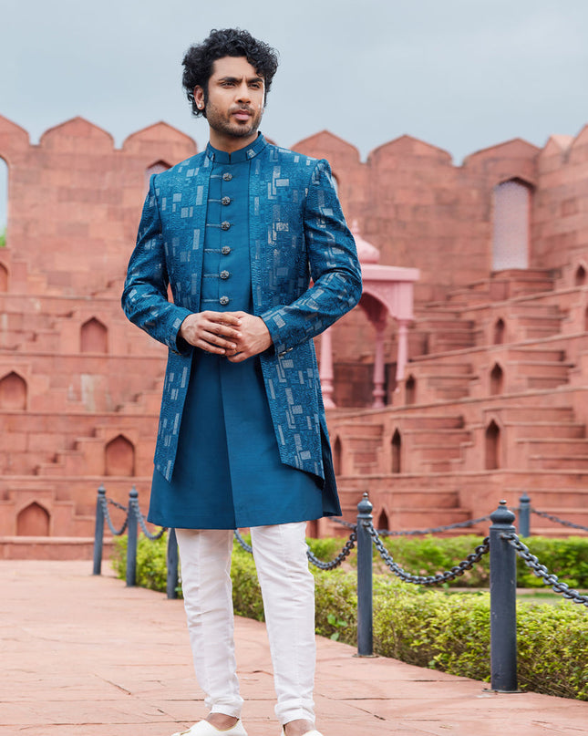 Teal Blue Computer Embroidered Indo Western Outfit