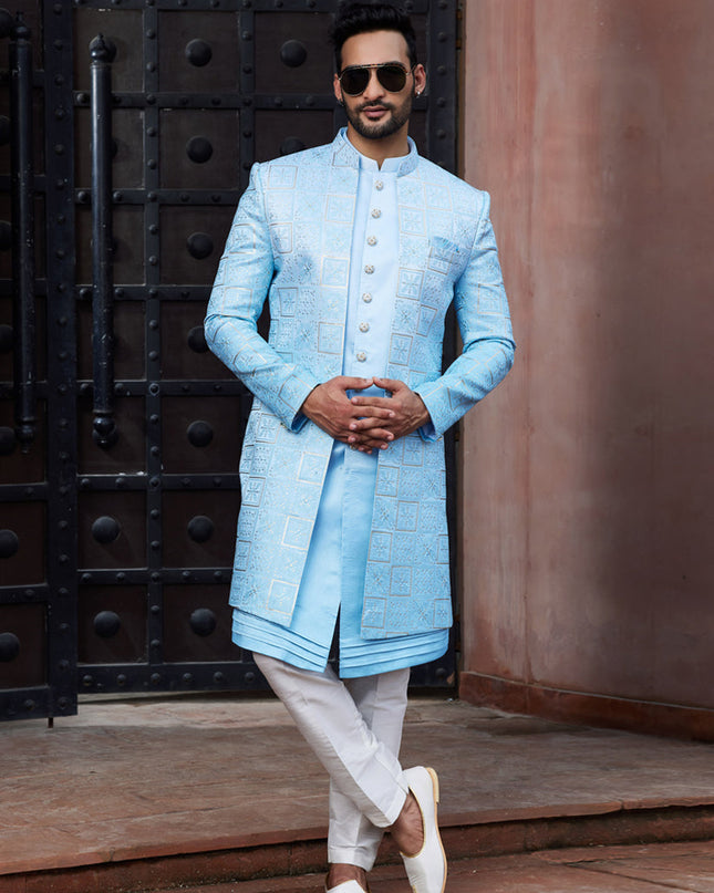 Sky Blue Computer Embroidered Indo Western Outfit