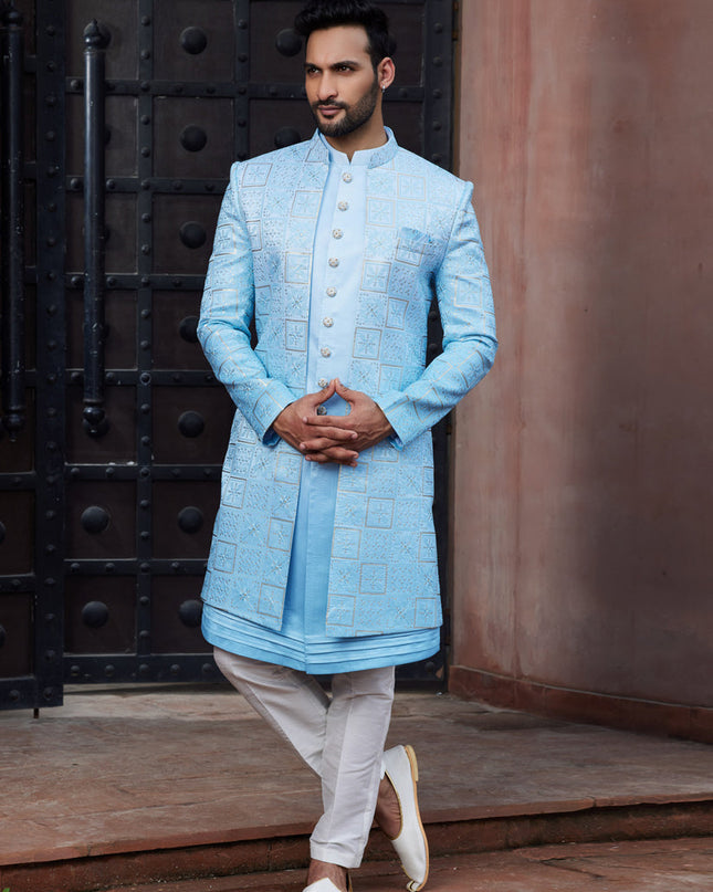 Sky Blue Computer Embroidered Indo Western Outfit